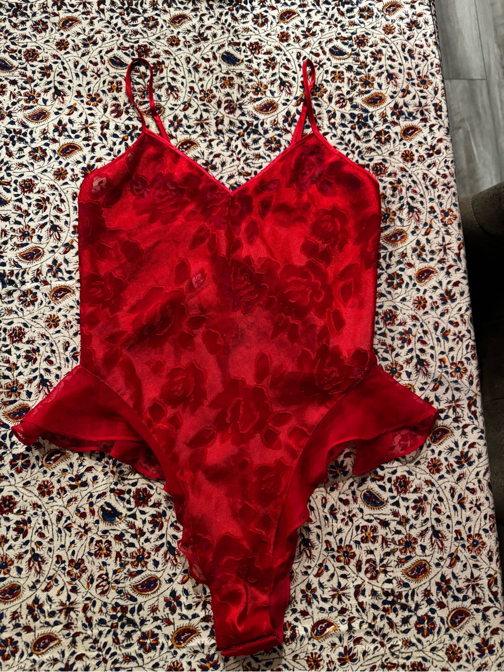 Vintage Victoria Secret Red Floral Satin One-Piece  - Sleeveless Ruffle Teddie